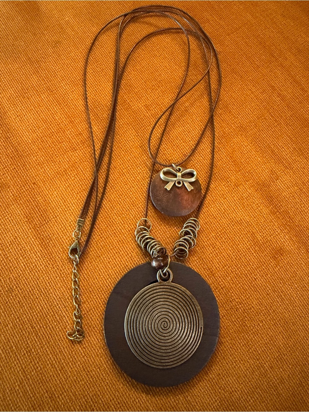 Brown Wood and Gold-Tone Spiral Pendant Necklace